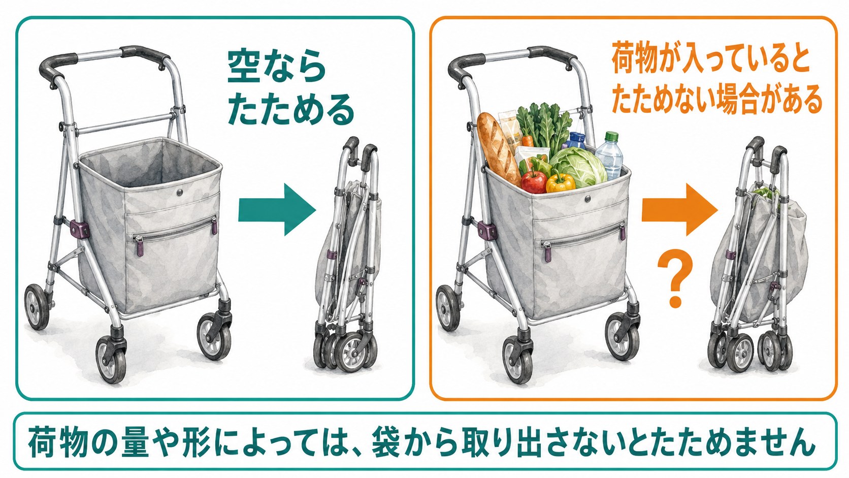 荷物が入ったシルバーカーは、その場で簡単に折りたためないことを示す図解