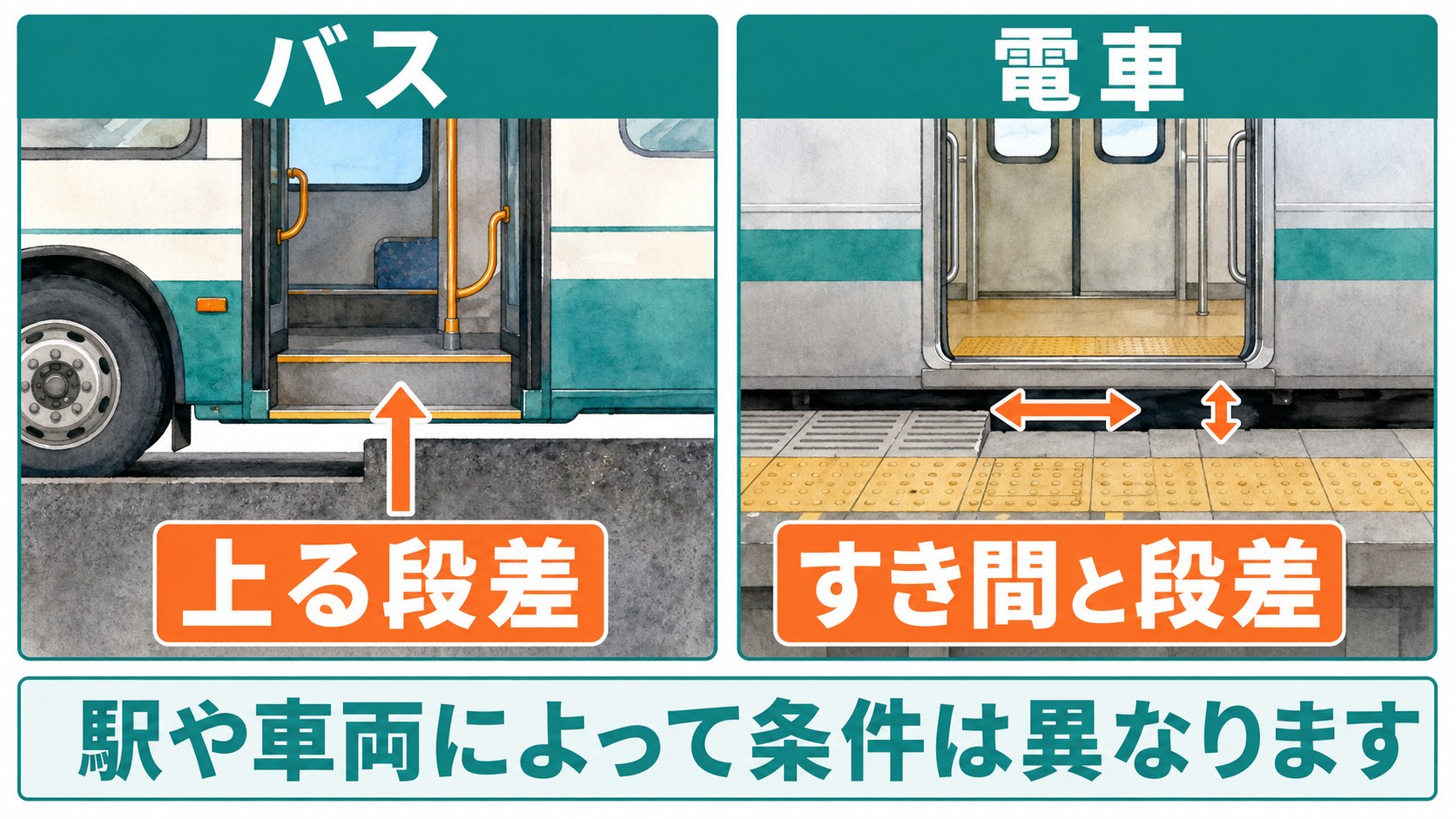 バスのステップと、電車のホーム・車両間のすき間の違いを示す図解