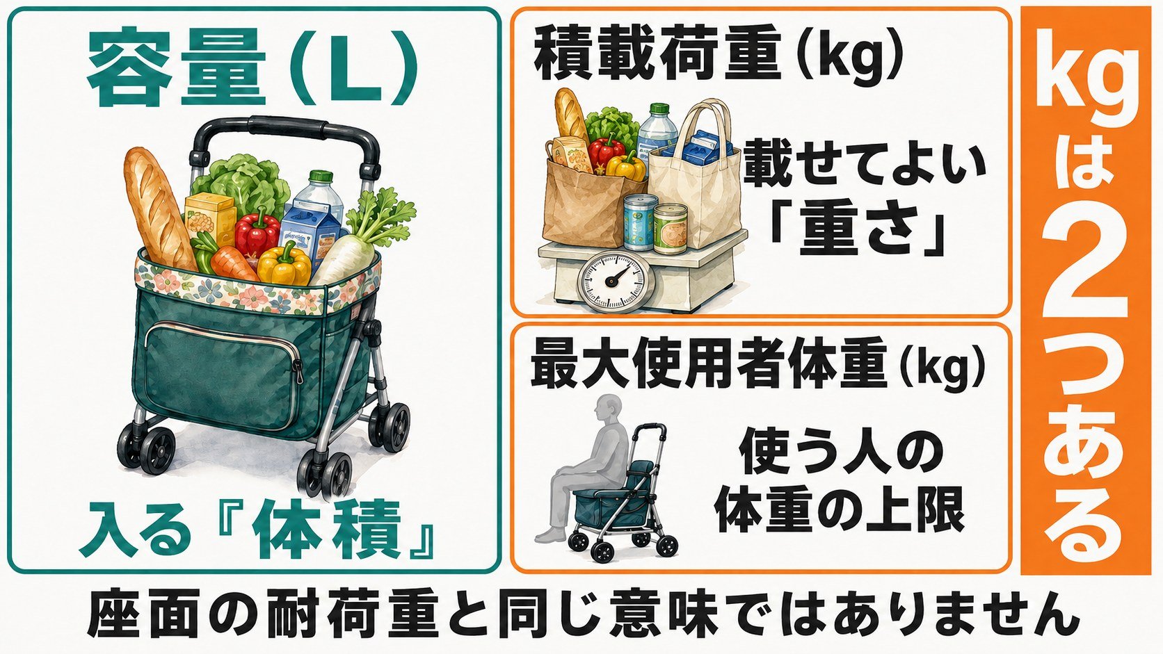 容量・積載荷重・最大使用者体重の違いの図解