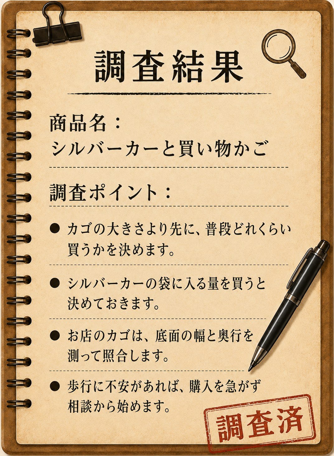調査結果カード：シルバーカーと買い物かご