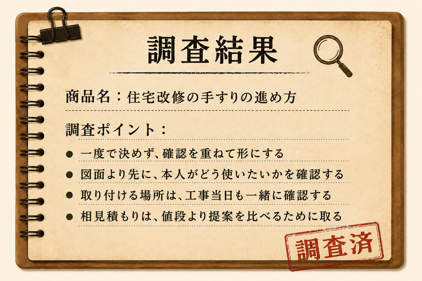 住宅改修の手すりの進め方の調査ポイントをまとめた調査結果カード