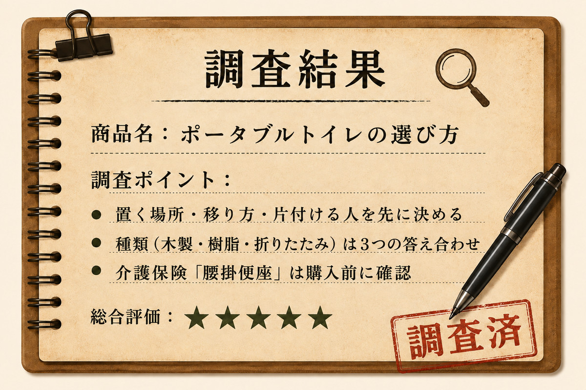 調査結果カード。ポータブルトイレの選び方。置く場所・移り方・片付ける人を先に決める。総合評価は星5