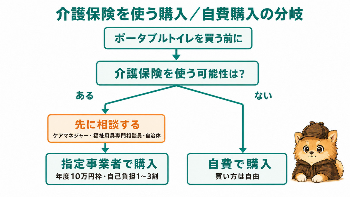 介護保険を使う可能性の有無で、先に相談して指定事業者で購入する流れと自費で購入する流れに分かれるフローチャート