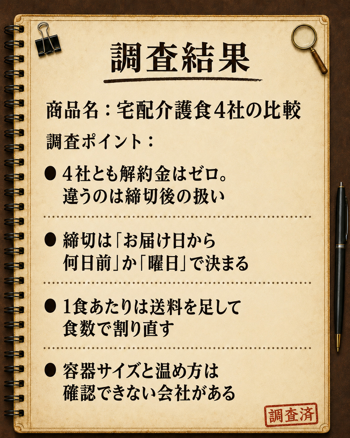 宅配介護食4社の比較でわかった4点をまとめた調査結果カード