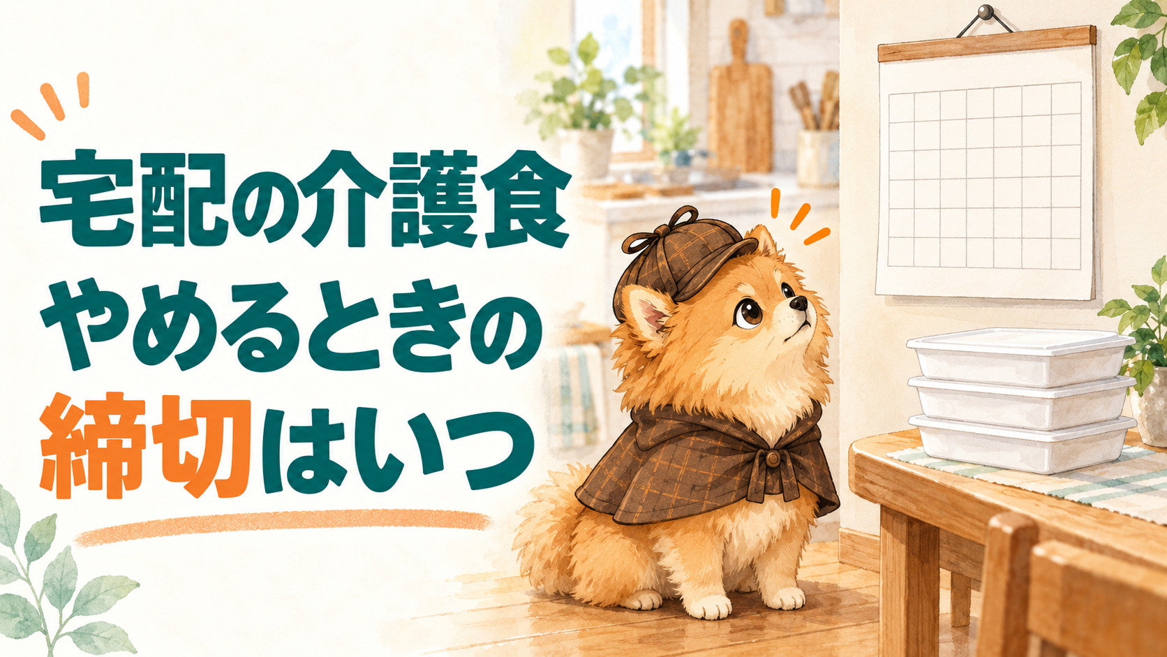 宅配の介護食でやめるときの締切を確かめるむぎのイラスト
