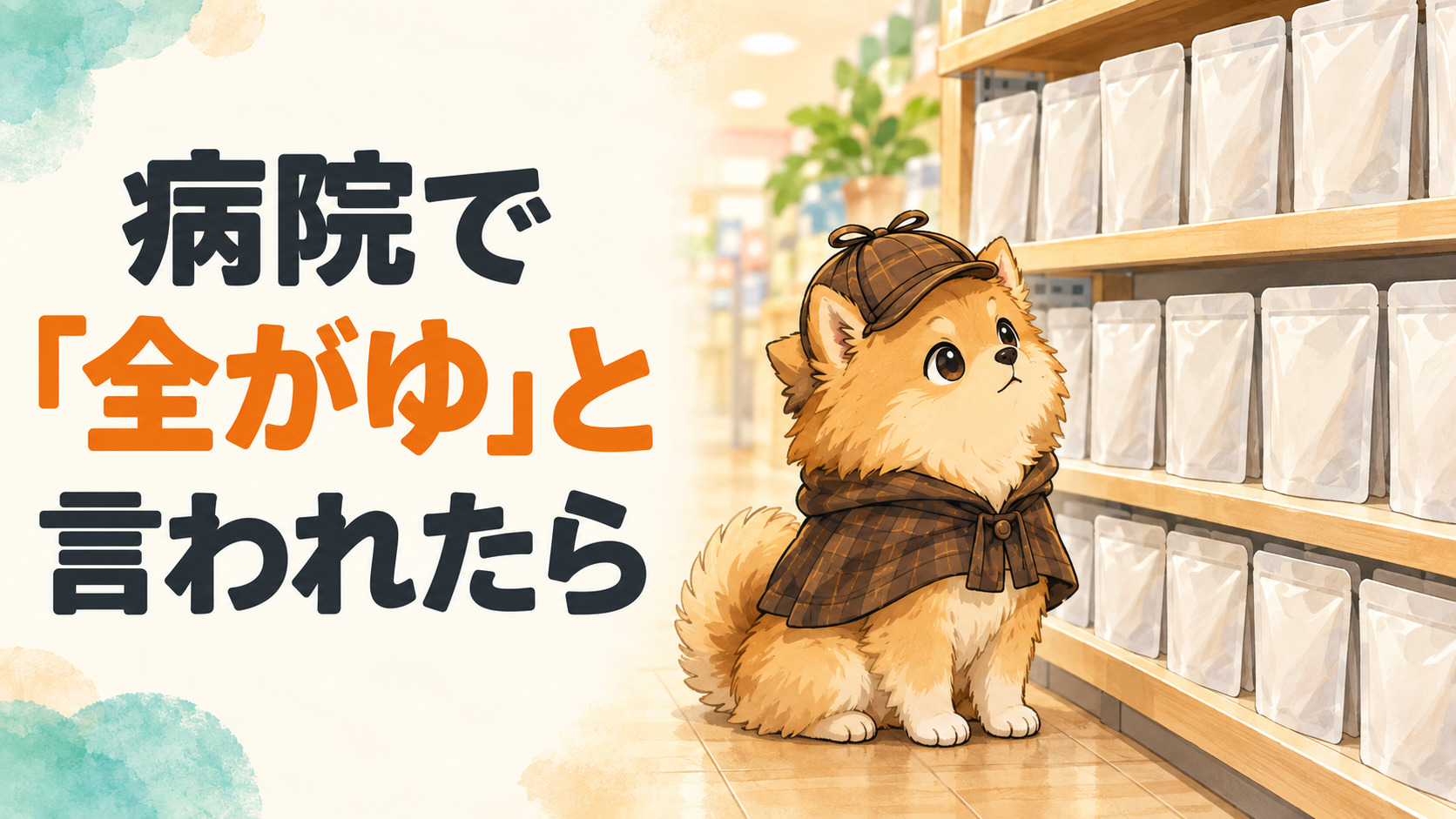 介護食の棚の前で棚を見上げる探偵犬むぎ。左に「病院で「全がゆ」と言われたら」の文字